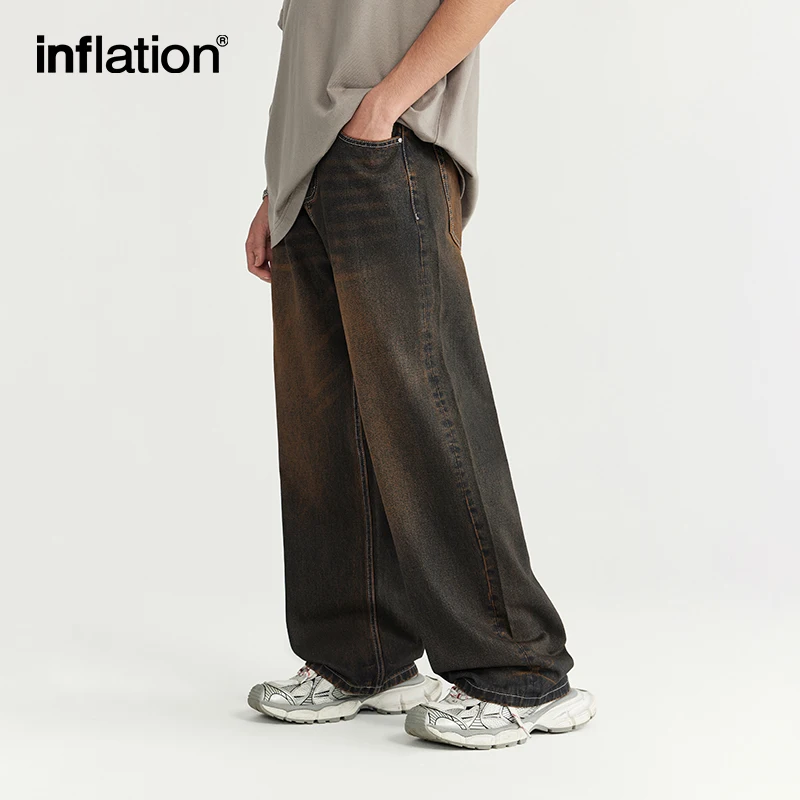 

INFLATION Sand Washed Wide Leg Jeans 2024 Trendy Streetwear Loose Fit Straight Leg Denim Pants for Men