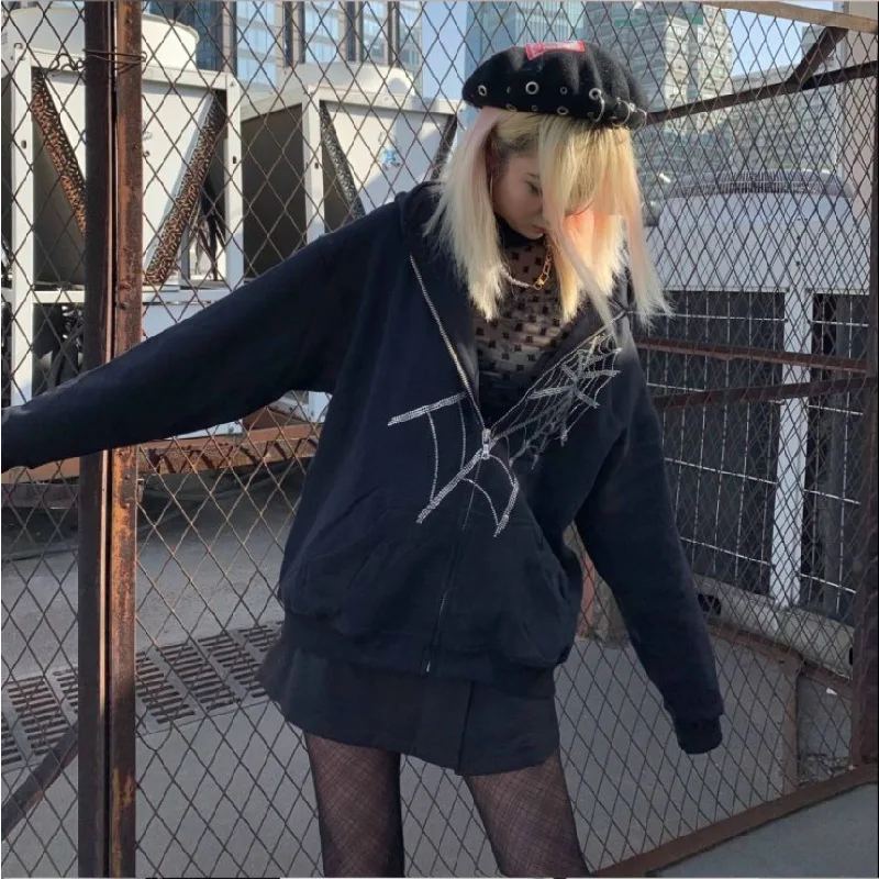 

2022 Y2K Clothes Sudaderas Con Capucha New Style Spring and Autumn Coat Hot Drilling Irregular Spider Web Cardigan Hooded Jacket