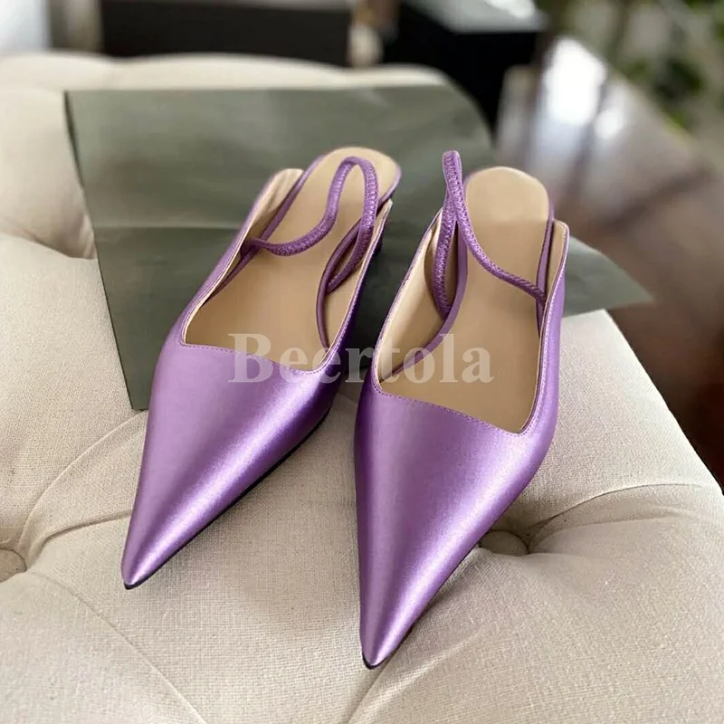 

New Satin Woman Pointed Toe Sandals Elegant Back Strap Mid Block Heels Slipper Summer Slingback Party Dress Wedding Bridal Shoes