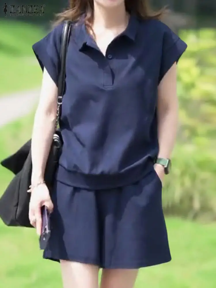 

Комплект ZANZEA женский из двух предметов, короткий Свободный Топ с коротким рукавом, однотонный Модный повседневный комплект из двух предметов, лето 2024