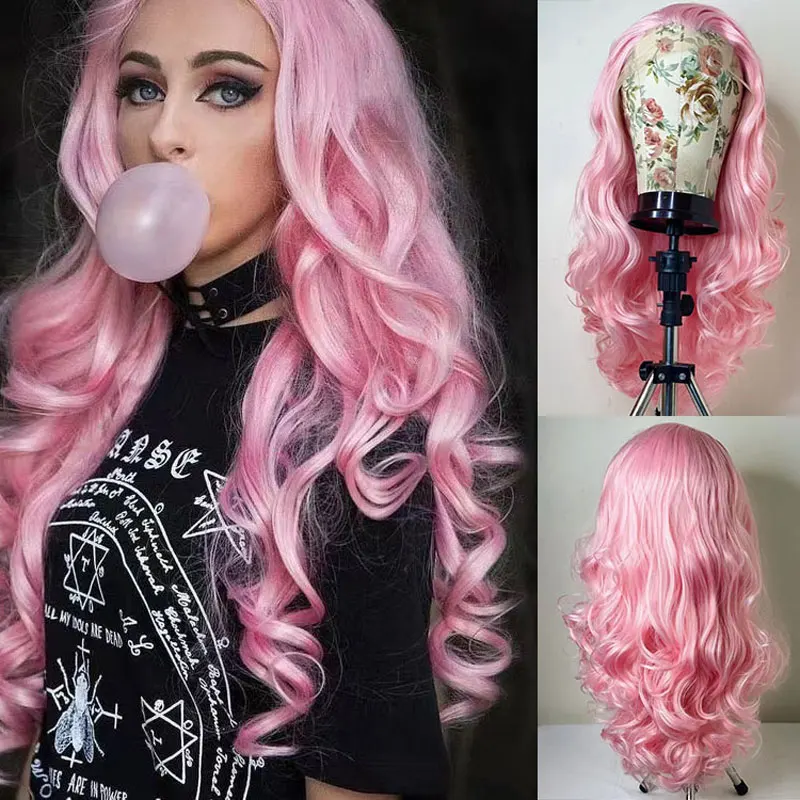 

Bombshell White Pink Body Wave Synthetic 13X4 Lace Front Wigs Glueless Pre Plucked Hairline Heat Resistant Fiber Hair For Women