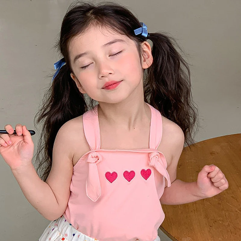 여아용 귀여운 자수 러브 슬링 탑, 맞춤형 슬링 백, 크로스 쿨 캐주얼 탑, 어린이 조끼,  의류, 여름 티셔츠