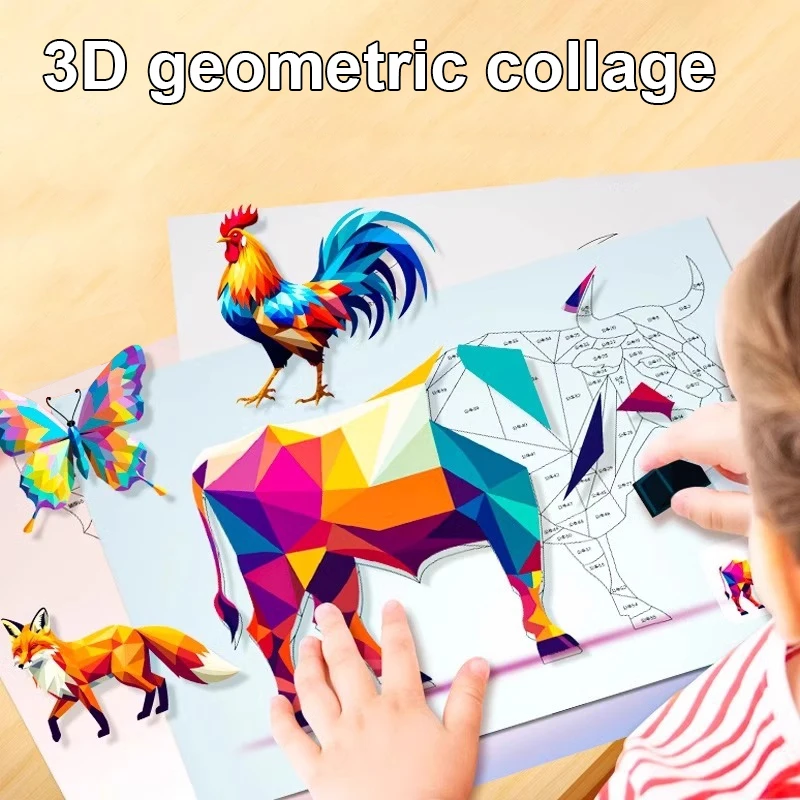 3D 동물 퍼즐 스티커 DIY 수제 창의적 콜라주 아트 세트 자체 접착 종이 포함 학교 선물 교육용