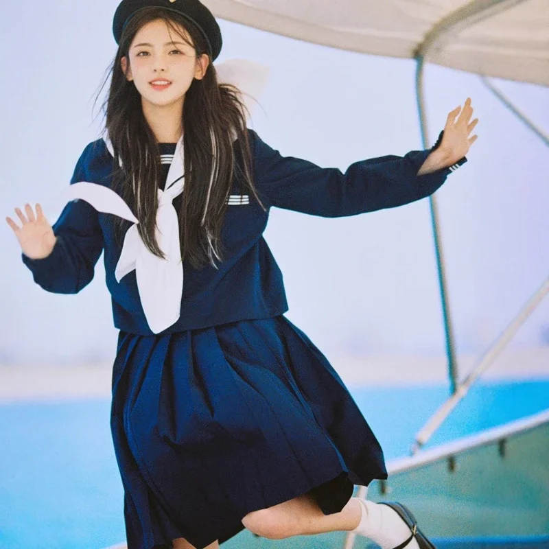 고품질 일본식 JK 교복 네이비 블루 세일러 상의와 화이트 칼라 타임리스 플리츠 스커트 세트 프레피룩