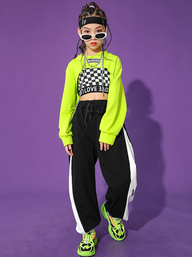 Kids Hip Hop Clothing Girls Modern Jazz Dance Costume Green Long Sleeves Tops Black Pants Streetwear Concert Stage Outfit BL9011