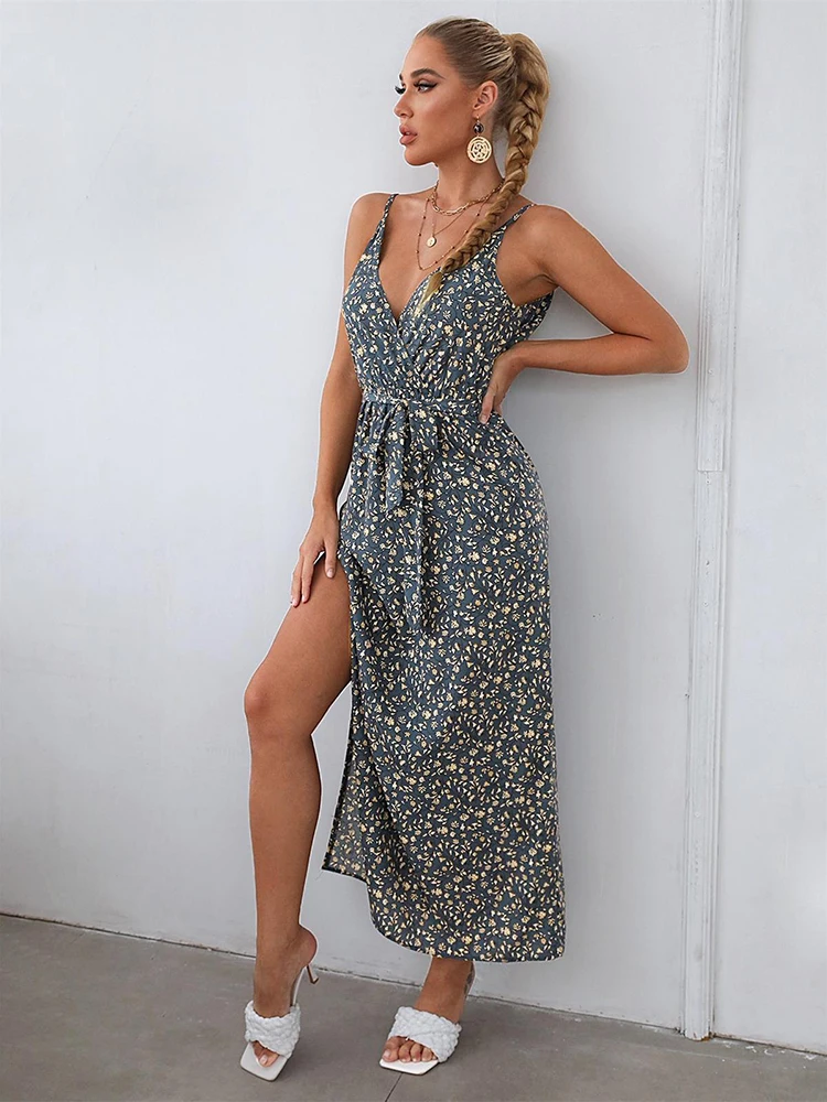 Summer Sexy V Neck Backless Strap Long Dress For Women Floral