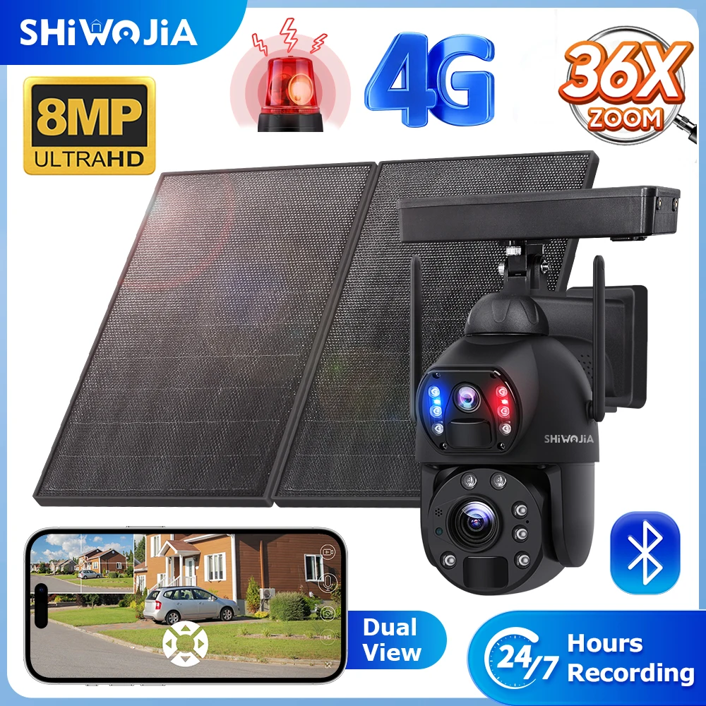 

SHIWOJIA 8MP 36X ZOOM Solar Camera 4G SIM 20W Solar Panel 20000mAh Battery Camera 360° Outdoor Dual Lens Recording Humanoid PTZ