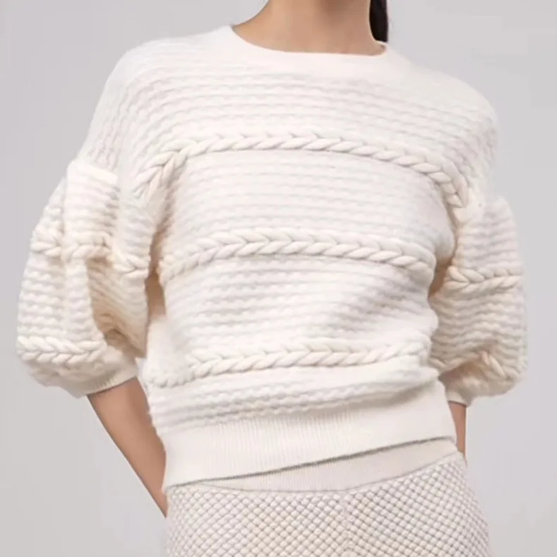 

Women Summer Knit Pullover Top O-Neck Short-Sleeved Casual Elegant Crochet Lantern Sleeve Sweater