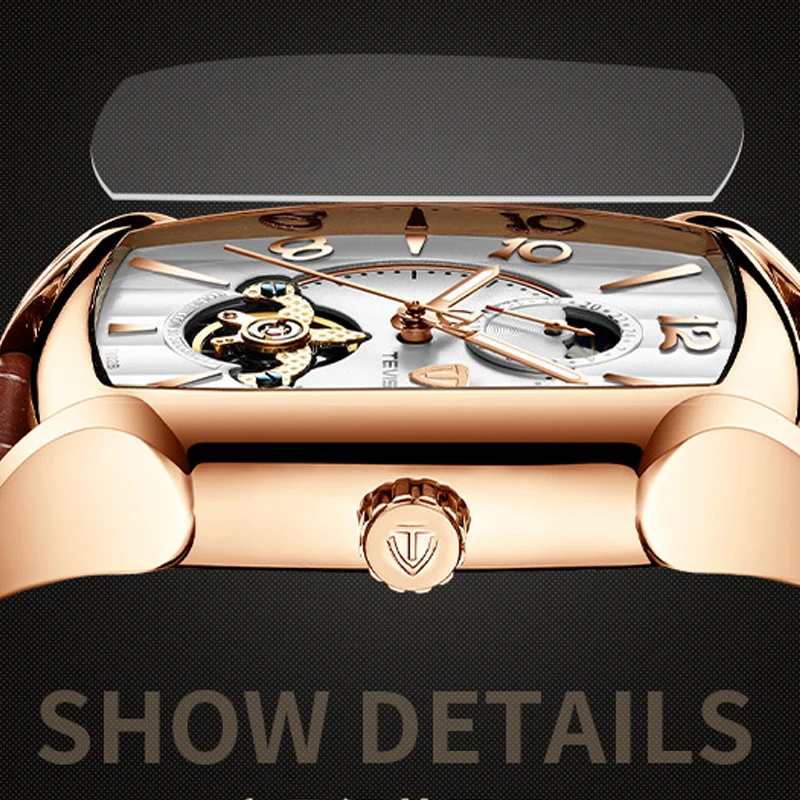 Top Brand Luxury Mens Watches Tonneau Automatic Watch for Men Tourbillon Clock Genuine Leather Waterproof Mechanical Watch Man