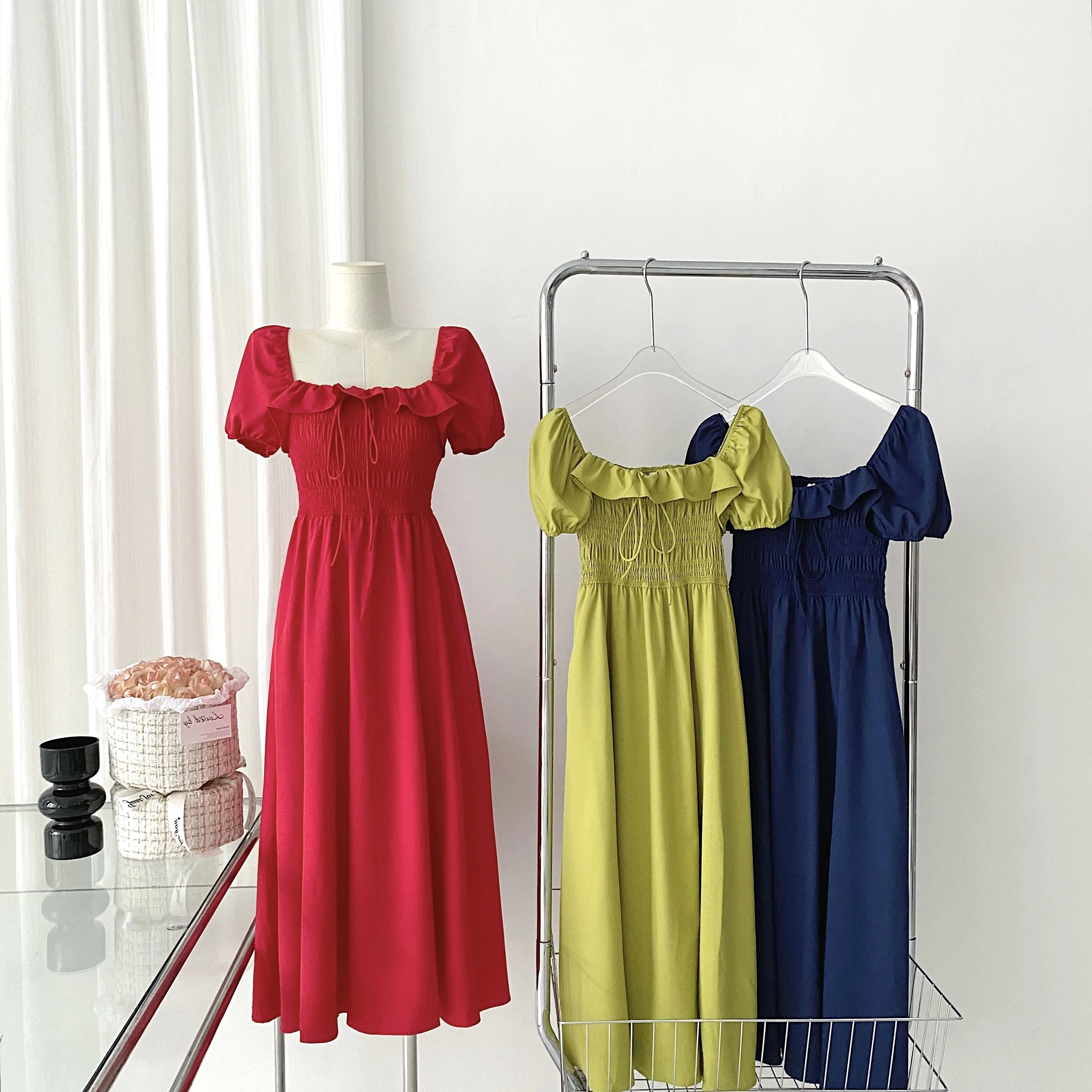 

Women's Summer Puff Sleeve Sqaure Neck A Line Long Dress Lady Casual Short Sleeve Holiday Ruffles Solid Color Dress