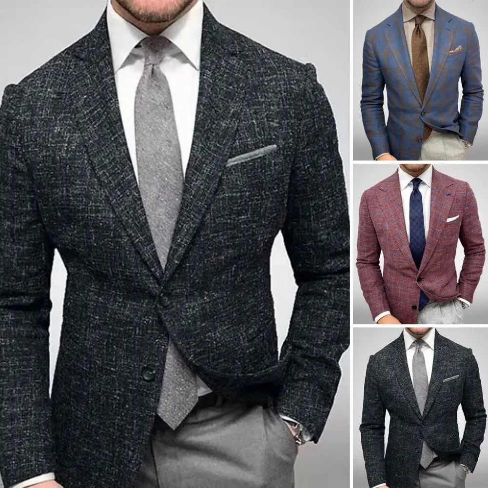 Men s Slim Fit Plaid Suit Jacket Lapel Long Sleeve Formal with Pockets for Wedding Business Autumn Spring