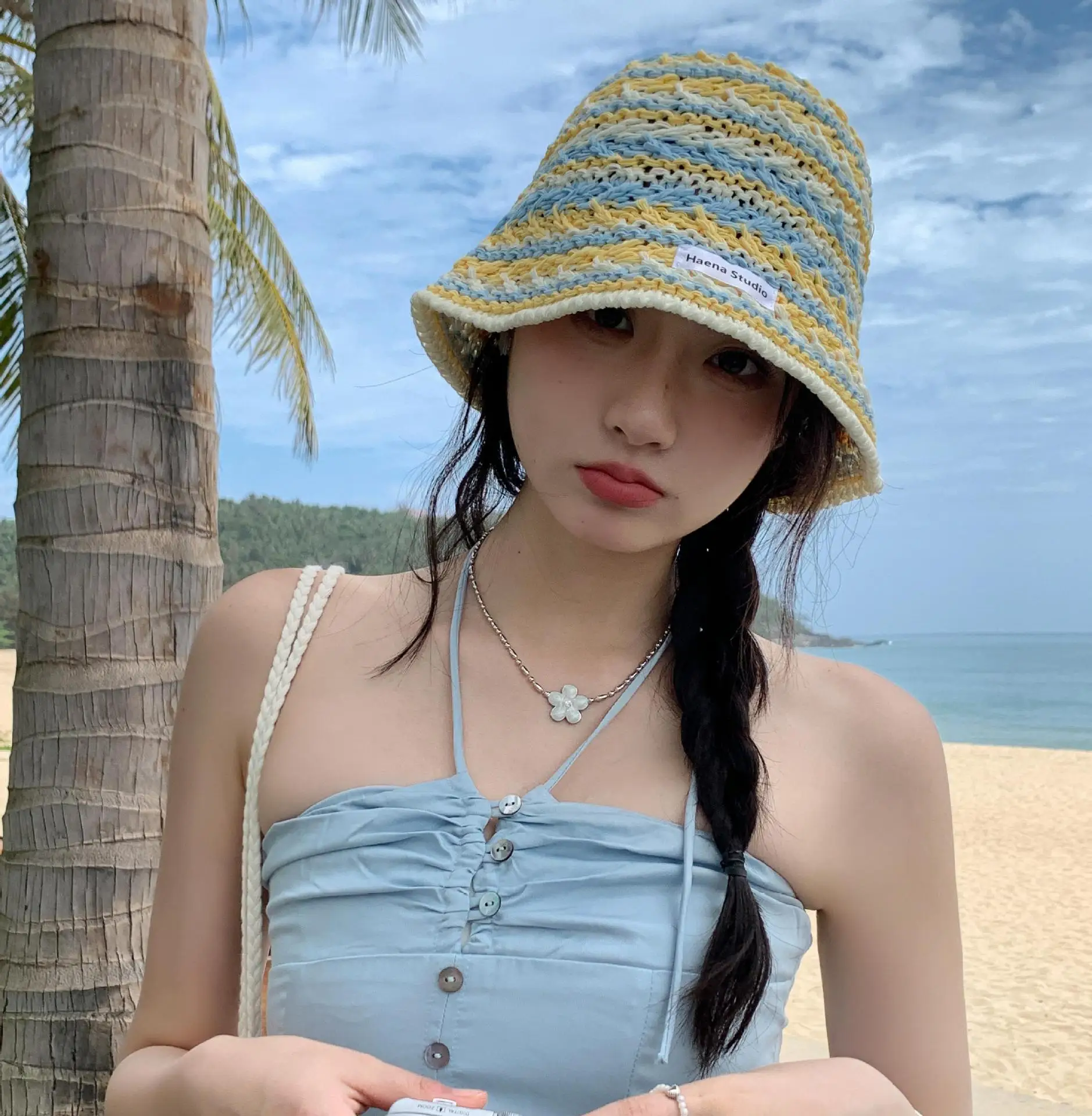 Damen Eimer Hut Koreanische Gestrickte Gestreifte Verstaile Aushöhlen Atmungsaktive Kappen Strand Urlaub Sonnenschutz Sonnenschutz Hüte Für Mädchen – Detail 3