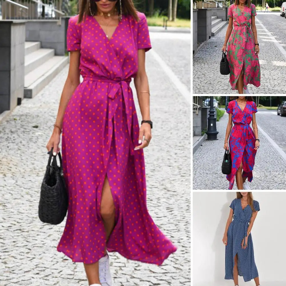 

Women Midi Dress V-neck Floral Printing Split Tight Waist Dress-up Lace Up High Waist Summer Beach Dress