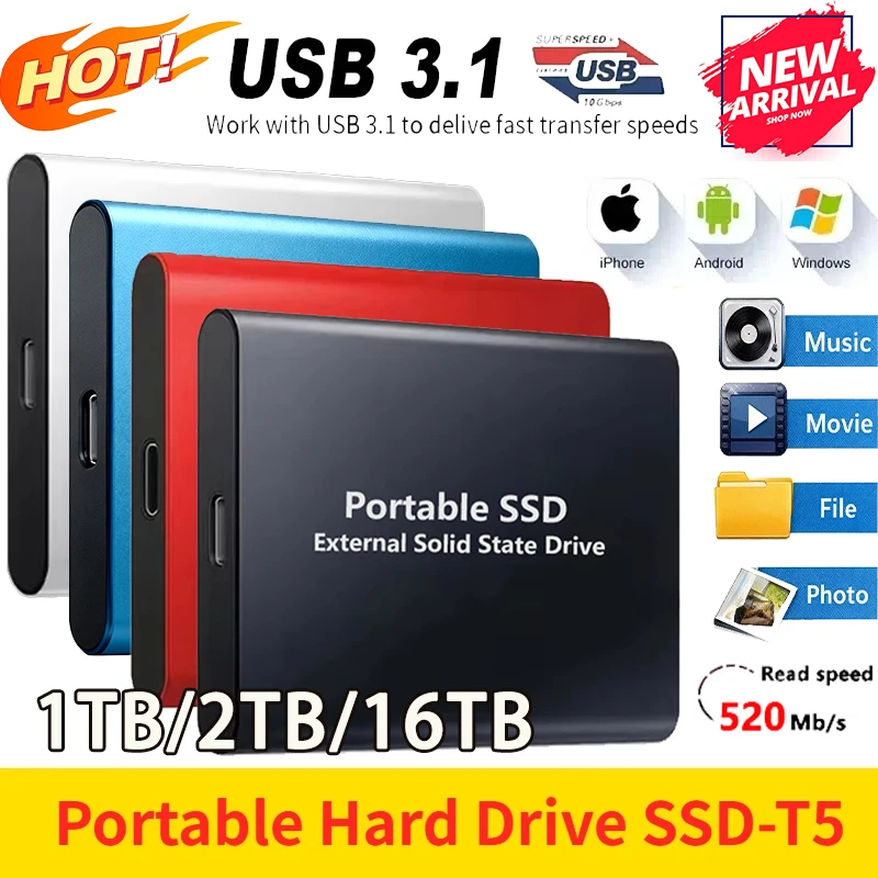 ฮาร์ดไดรฟ์แบบพกพา SSD ความเร็วสูง ความจุ 2TB ฮาร์ดไดรฟ์ภายนอก 128TB USB3.1 Type-C โซลิดสเตทไดรฟ์สำหรับแล็ปท็อป/โทรศัพท์/MAC 1