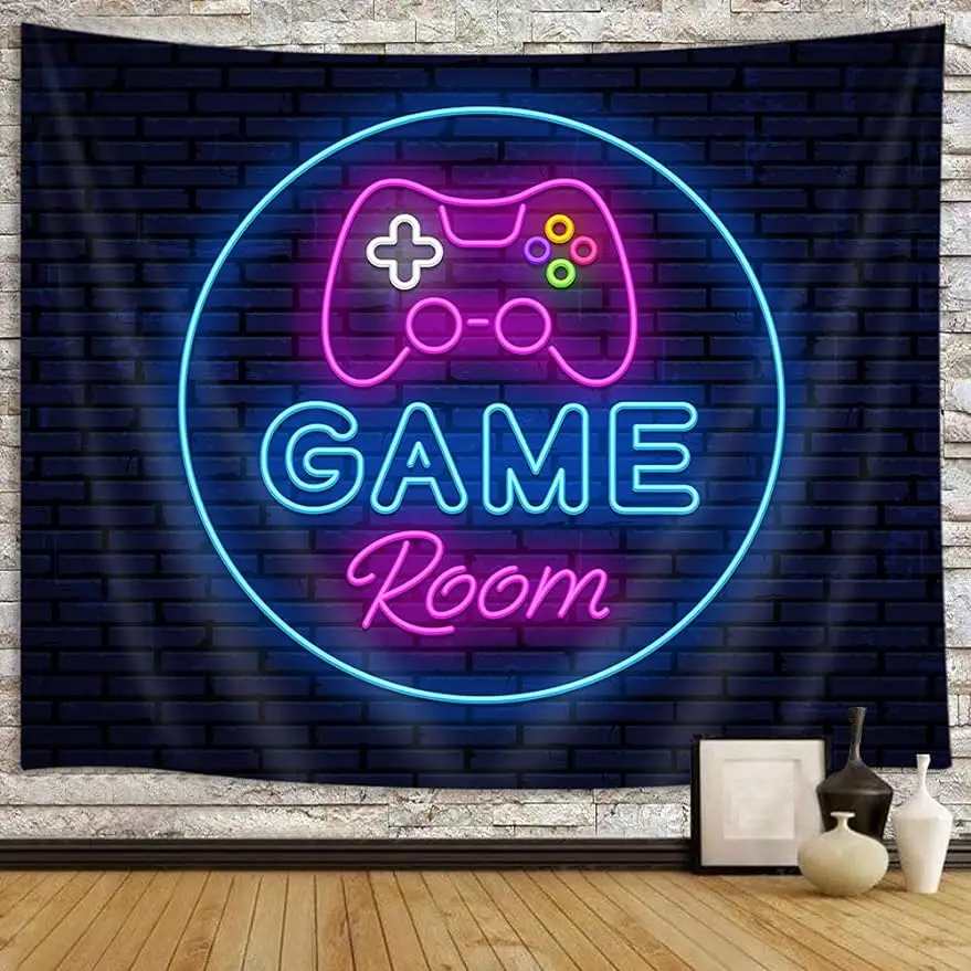 

Cool Neon Gaming Tapestry Wall Hanging for Boys Bedroom, Black Gaming Accessories for Gamer Room Decor Blacklight Posters