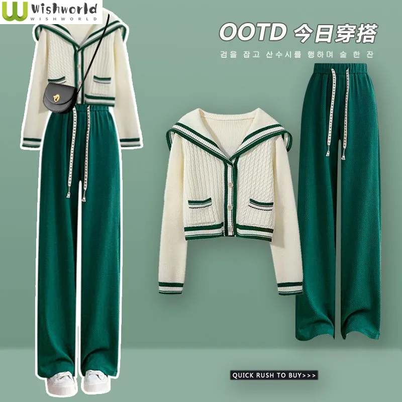 Spring and Autumn Suit Women 2023 New Fashionable Age Reducing College Style Sweater Green Casual Pants Two Piece Set
