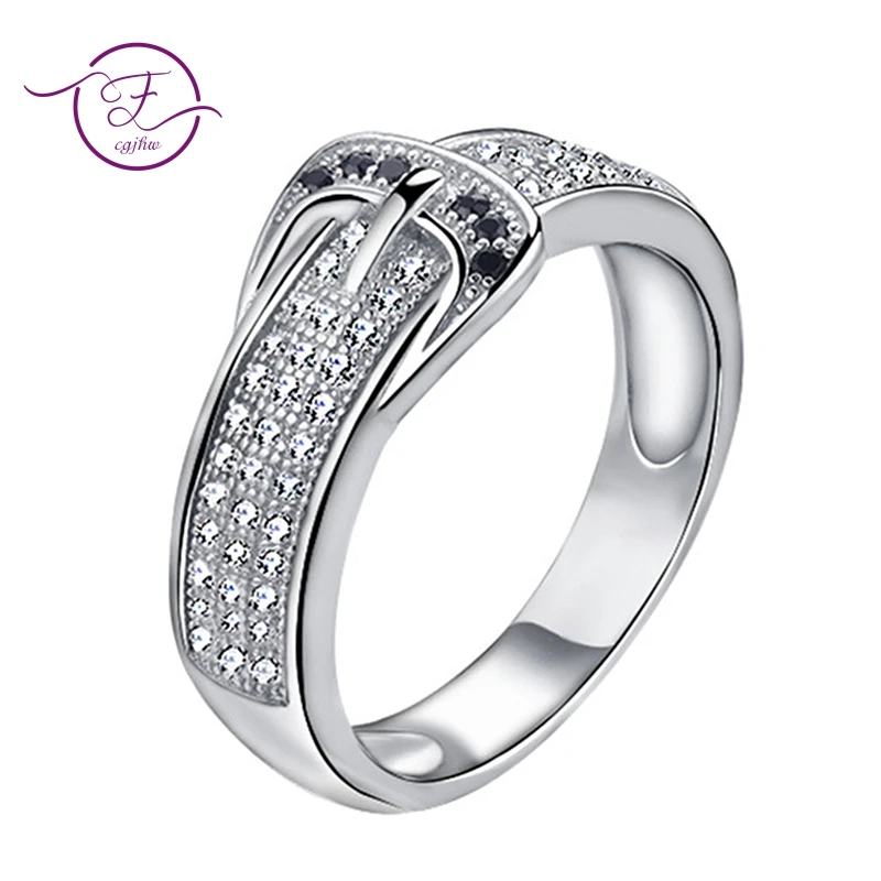 Silver Rings Belt Buckle Design Pave Cubic Zircon for Women Party Korean Style