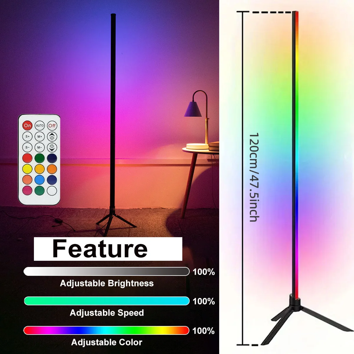 120CM Dimmable RGB LED Standing Atmosphere Light Smart Bluetooth WiFi Tripod Floor Lamp for Bedroom Gaming Room Christmas Decor