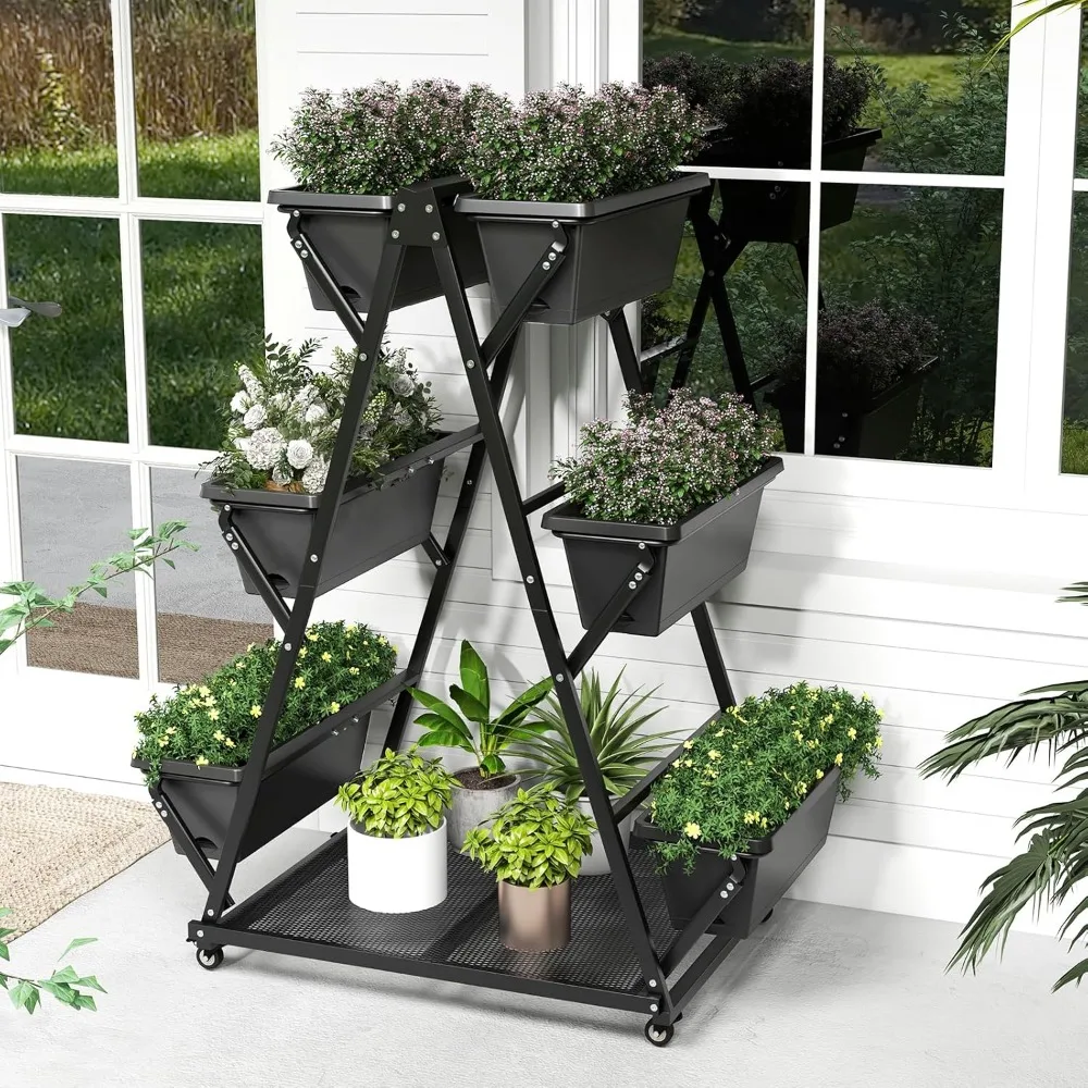 Plant Stand. 6-Tier Rolling Raised Garden Bed, Vertical Planter Stand on Wheels with 6 Garden Boxes, Storage Shelf