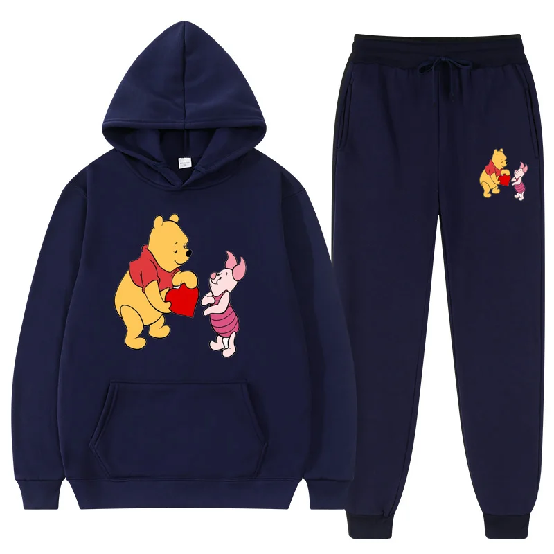Anime Pooh Bear Print Hooded Sweatshirt Suit For Women Autumn New Disney Hoodie + Trousers 2 Sets Of Coupleswear Fashion Sports