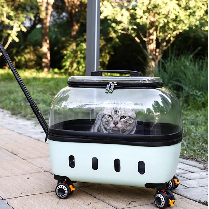 Fashion Transparent Cat Cage Large Capacity Pet Suitcase Breathable Cat Carriers Pull Rod/Handheld Dual Use Transport Cart