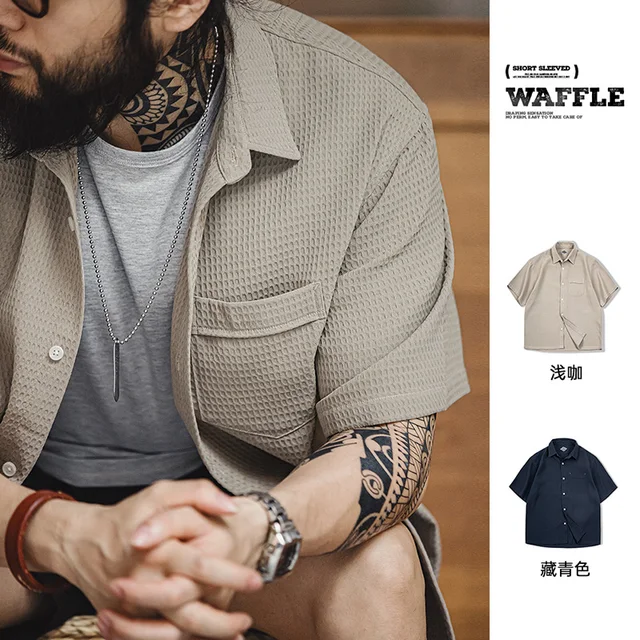 Maden Casual Waffle Short Sleeve Shirts for Men Summer Non-iron Anti-wrinkle Breathable Shirt Amekaji Button Down T-shirt Tops