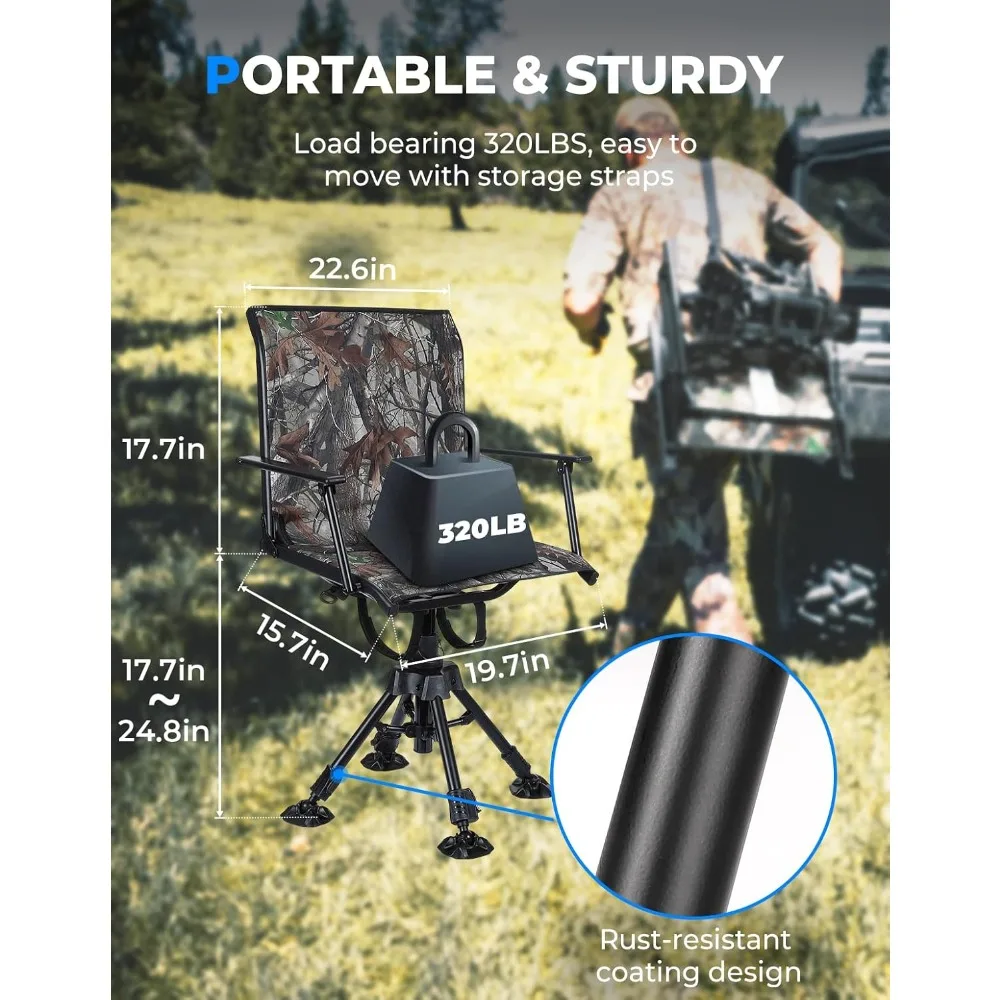 360 Degree Silent Swivel Blind Hunting Chair, Camo Height Adjustable Quick Folding Portable Comfortable Hunting Fishing Chair 2