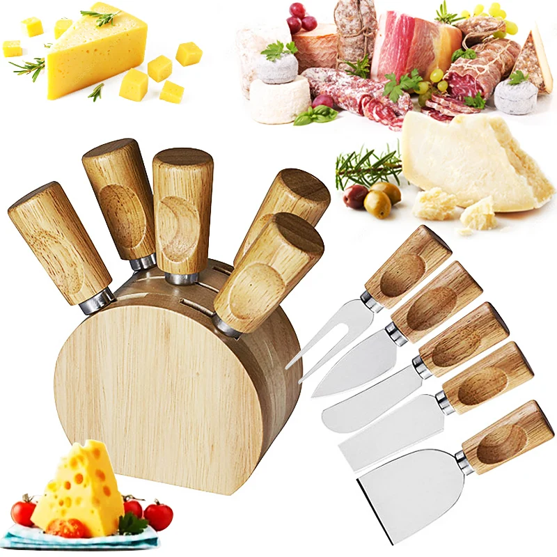 Cheese Knives Set with Holder For Charcuterie Board Accessories Stainless Steel Knife with Wood Handle Cheese Slicer Cutter