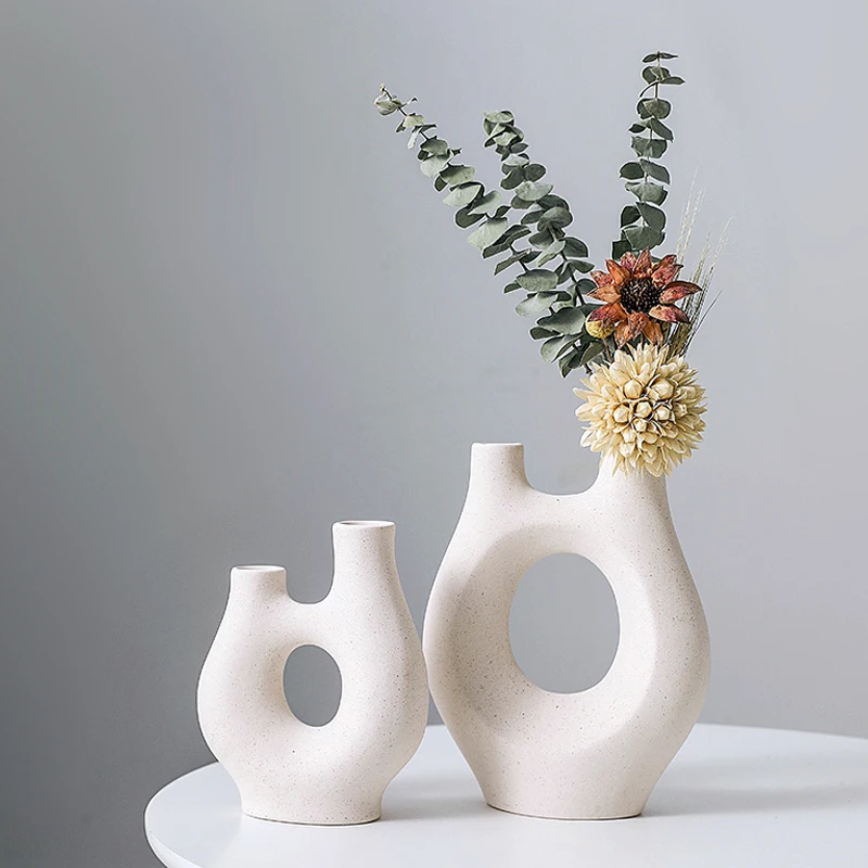 Lot De 2 Vases En Céramique Blanc Mat, Avec Trou, Idéal Pour L'herbe De La Pampa, Pour Ranger Les Fleurs Séchées, Accessoires De Décoration Intérieure