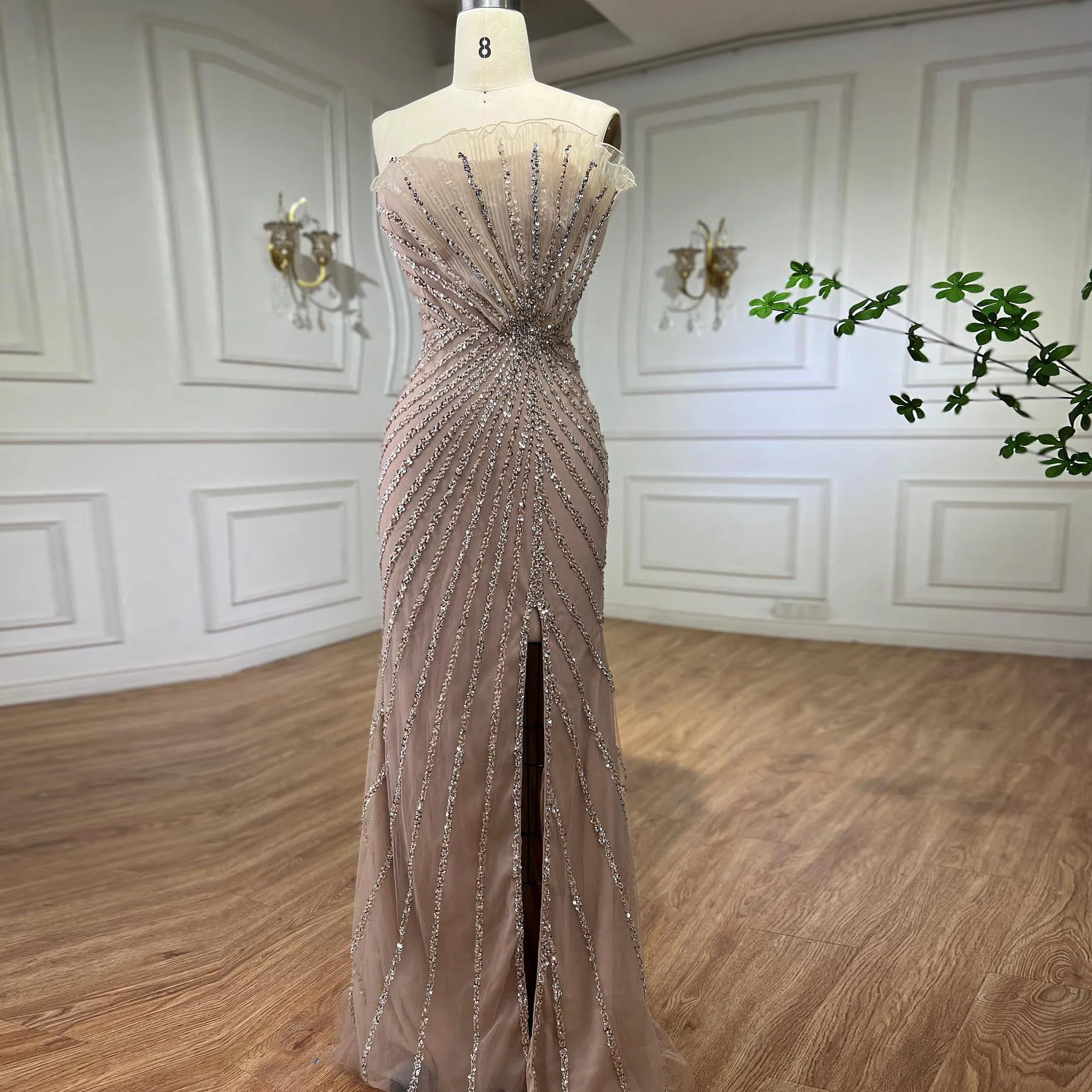 

Elegant Mermaid Party Dresses For Women Strapless Sleeveless Side Slit Floor Length Sequined Beadings Pleated Prom Evening Gowns