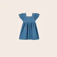 Robe en jean plissée pour fille, broderie florale, collection été 2026, manches courtes, style princesse, vêtements pour enfants 2