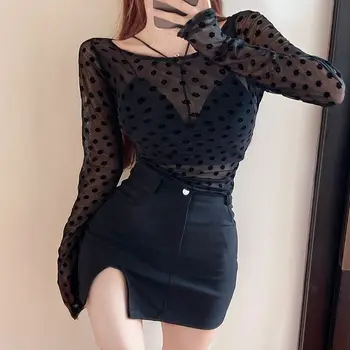 여성용 긴팔 풀오버, 2023 단색 O넥, 얇은 한국 패션, 느슨한 섹시 프린팅 티셔츠, 봄 여름