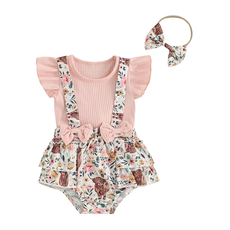 

Western Baby Girl Clothes Solid Ribbed Shirt Ruffle Sleeveless Top Floral Overalls Shorts Cow Print Suspender Romper