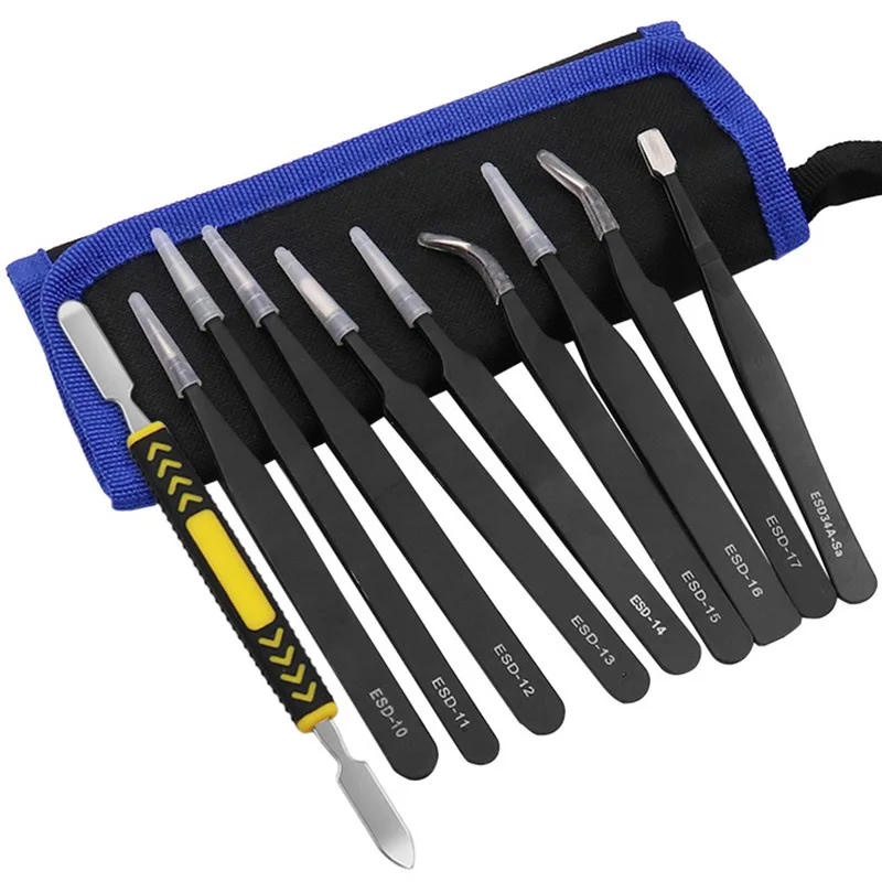 Precision Tweezers 3-10pcs Anti-static ESD Stainless Steel Tweezers Maintenance Tools Industrial Curved Straight