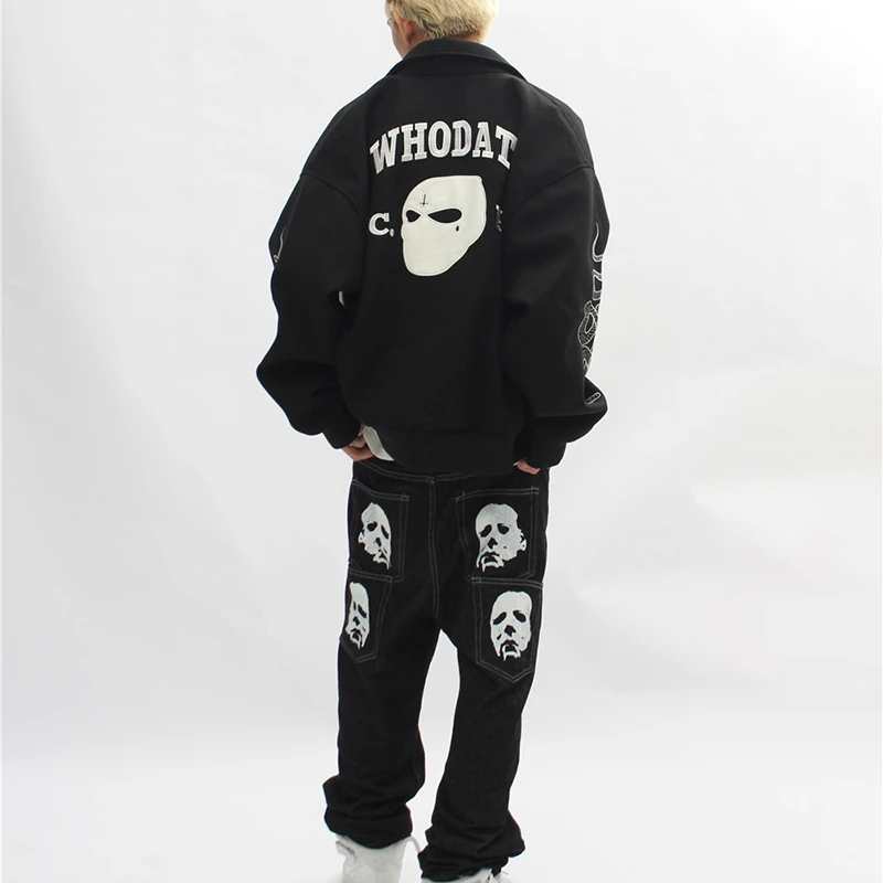 

Skull Print Jeans Men High Street Gothic Denim Pants Loose Straight Jean Korea Fashion Streetwear Y2k Man Bottoms Black Clothing
