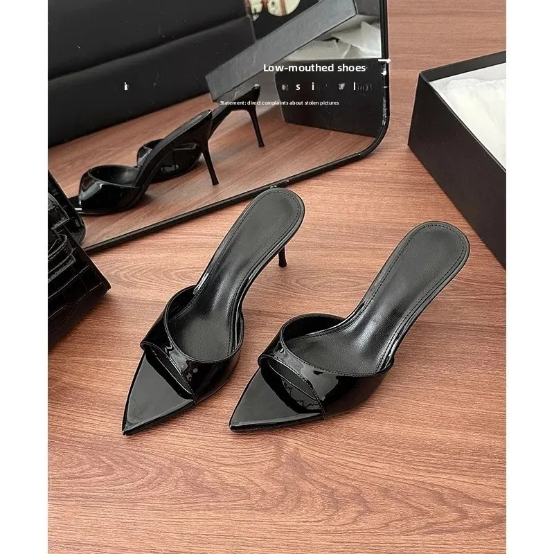 2025 New Sexy Black Pointed Toe High Heel Slippers for Women Summer Open Toe Velvet Material Thin Heel Outdoor Wear