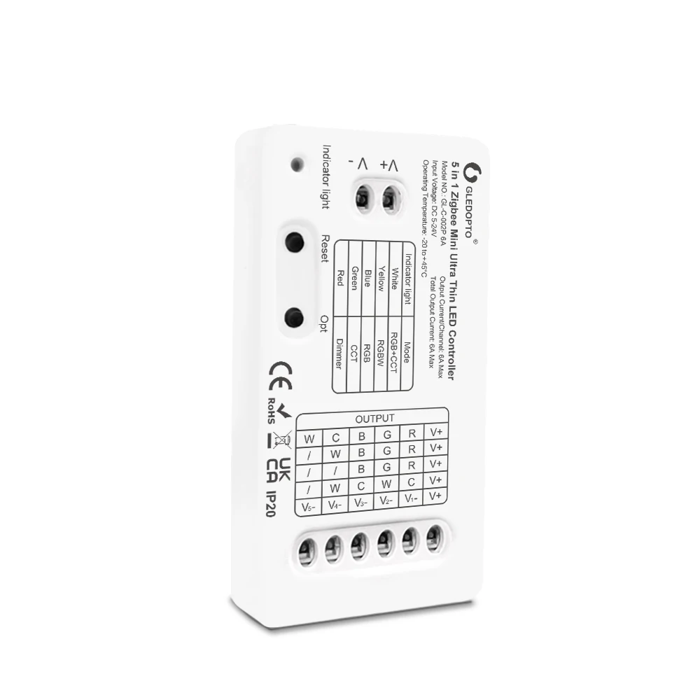 Gledopto DC5-24V 6A Mini 5 in 1 Ultra Thin Zigbee 3.0 RGBCCT/RGBW/RGB/WWCW/Dim LED Controller APP/Alexa Voice/RF Remote Control