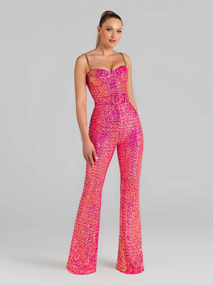 

BEVENCCEL 2023 New Summer Women's Sexy Sleeveless V-Neck Open Back Chain Belt Tight Pink Long Jumpsuit Celebrity Party Jumpsuit