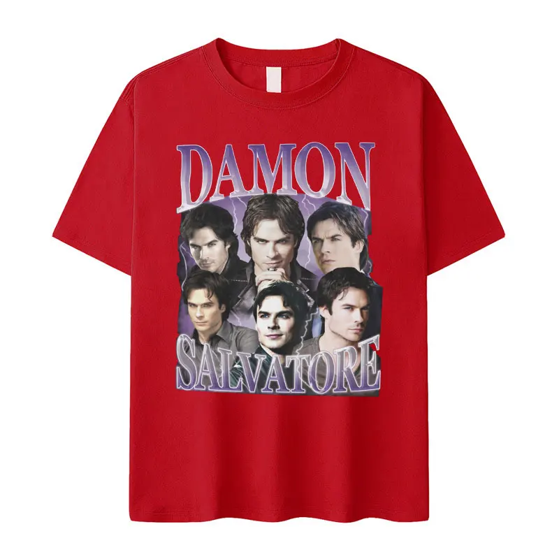 Damon Salvatore Ian Somerhalder TV Series Graphic T Shirts Men's Retro Gothic Fashion Oversized Cotton T-shirt Unisex Streetwear 3