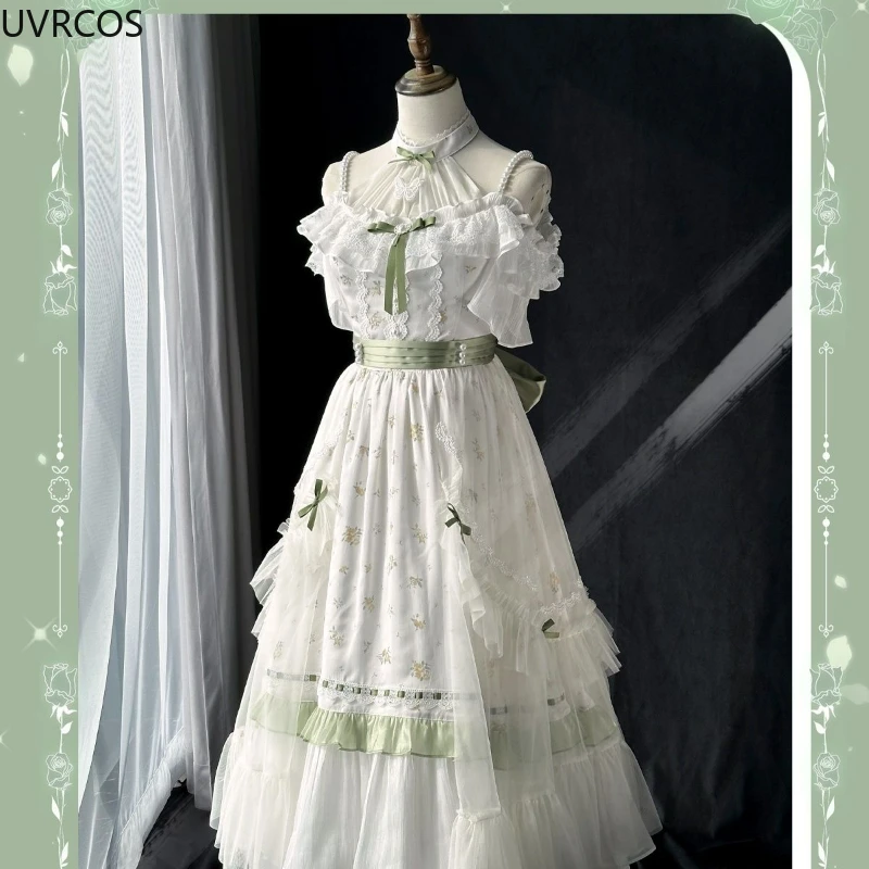 Victorian Vintage Lolita OP Dress Women Bow Ruffles Off Shoulder floral long Party Dress lolita dress,lolita cosplay costumes