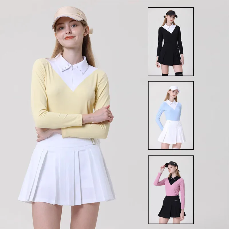 

Azureway Female Zipper Collar Golf Tops Autumn Patchwork Long Sleeve Polo Shirts Lady Pleated Golf Culottes High Waisted Skirts