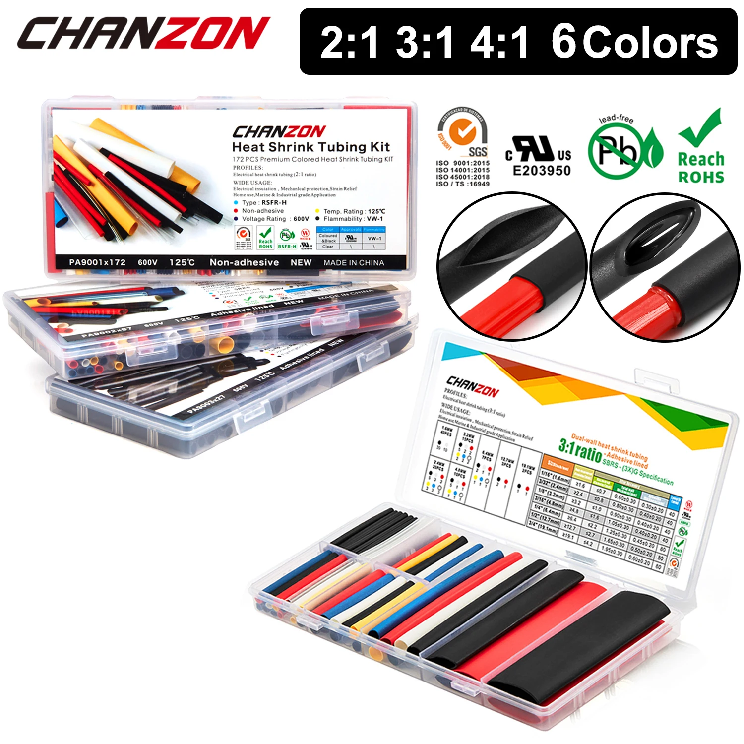 Heat Shrink Tubing 2:1 3:1 4:1 6 Multi Color Heat Shrink Tube Kit Polyolefin Wrap Insulation Cable Marine Grade Heat-shrink Pipe Assorted for Wires