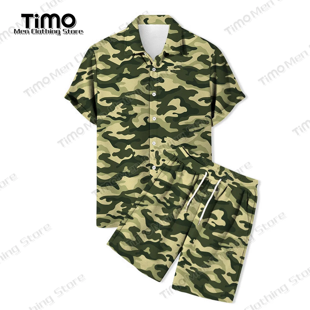 High Quality Men's Shirt Shorts Suit Military Style Printed Clothing Fashion Casual Sportswear Loose Men Camisa Two Piece Set brauberg рюкзак fashion city military