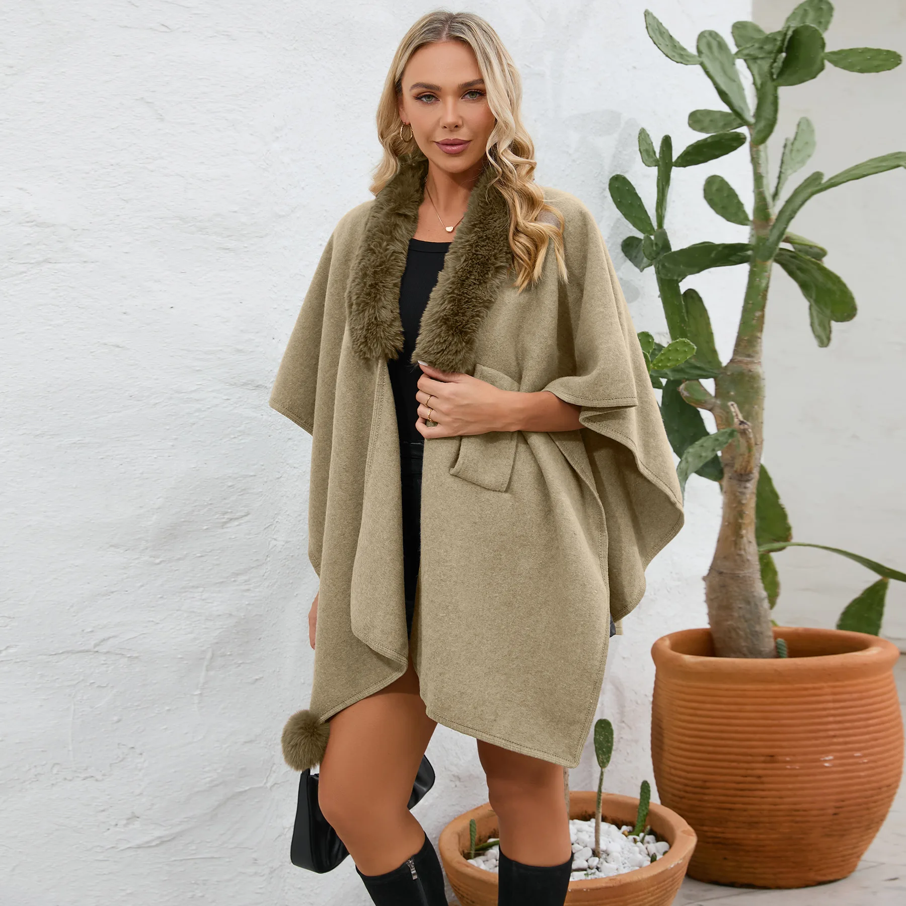 'S Autumn And Winter New Fur Collar Cape Shawl Women Knitted Cardigan Large Size Fashion Loose Woolen Coat