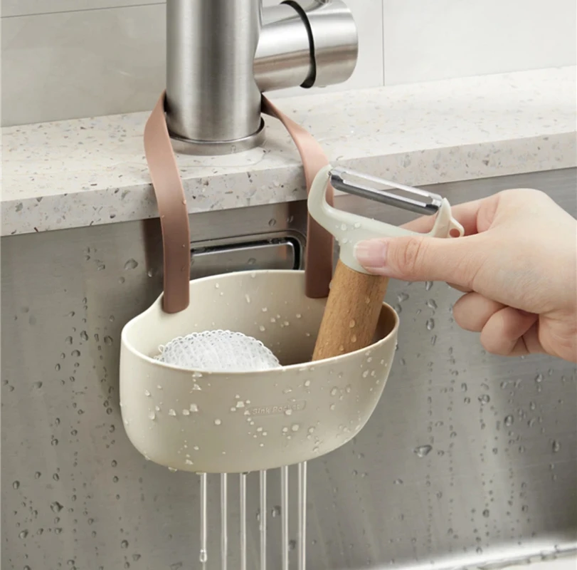 Kitchen Drain Basket Kitchen Sink Holder Hanging Drain Basket Adjustable Drain Rack Soap Sponge Holder Faucet Kitchen Accessories