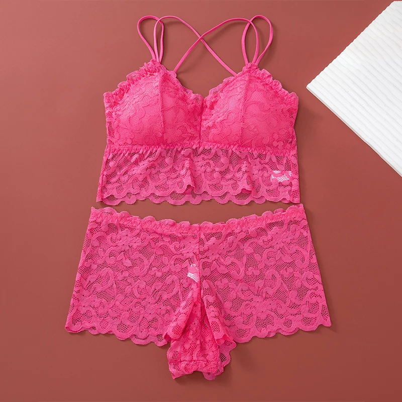 Women's Sexy Lace Bra Suit Solid Set Beautiful Back Hollow Out No Steel Ring Underwear Flower Breathable Panties