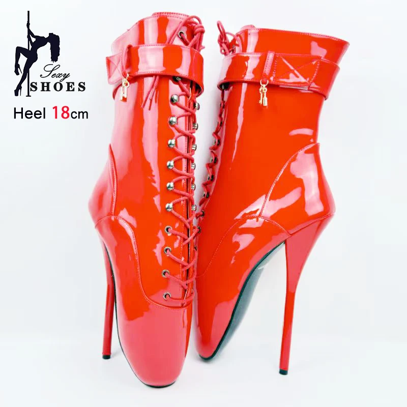 18CM/7'' Stiletto Heel Extreme Fetish Shoes Lock Wrap Strap Ballet Lace up Ankle Boots Women Size 36-46 Red Short Booties Mujer