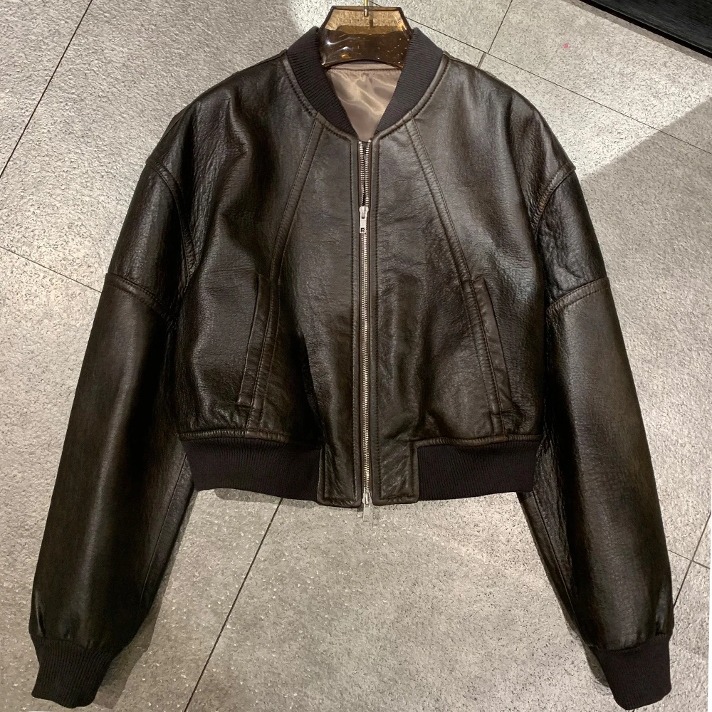 Ladies Real Leather Baseball Jacket Women's Genuine Leather Oversize