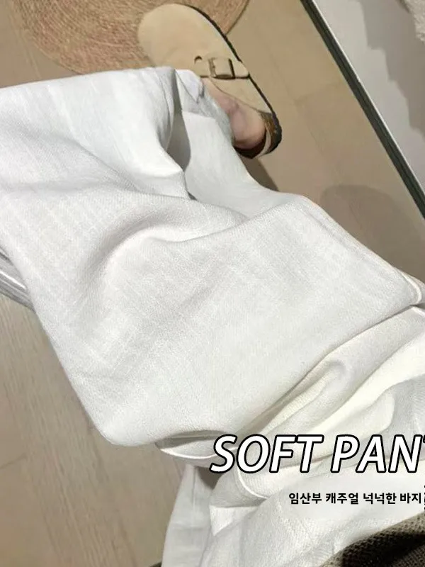 임산부 하이웨이스트 와이드 레그 팬츠 루즈핏 여름 신상 여성 코튼 린넨 바지 슬리밍 나이프 엣지 팬츠