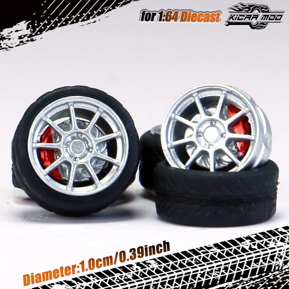 Kicarmod 1/64 Model Car ABS Wheels with Rubber Tire Brake Disc Refitting Parts Diameter 10mm For Model Car Tomica MINI GT